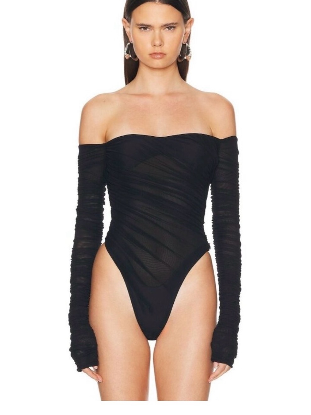 Mugler Black Off-Shoulder Long-Sleeve Mesh Bodysuit - size 12 us